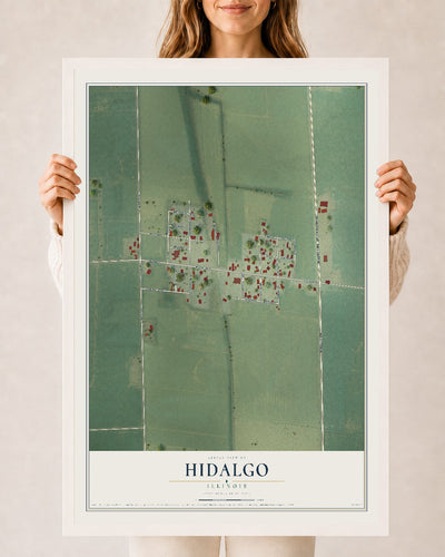 Map of Hidalgo, Illinois, 24 x 36 inch print in a white wood frame