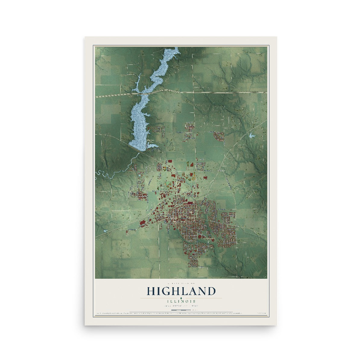 Map of Highland, Illinois, 12 x 18 inch unframed archival matte print