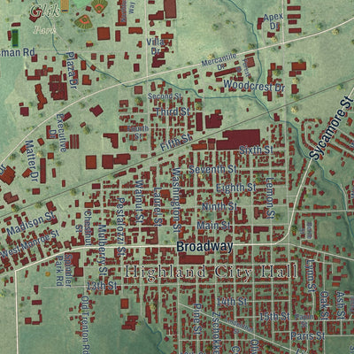 Close-up of the map of Highland, Illinois print showing street and building detail