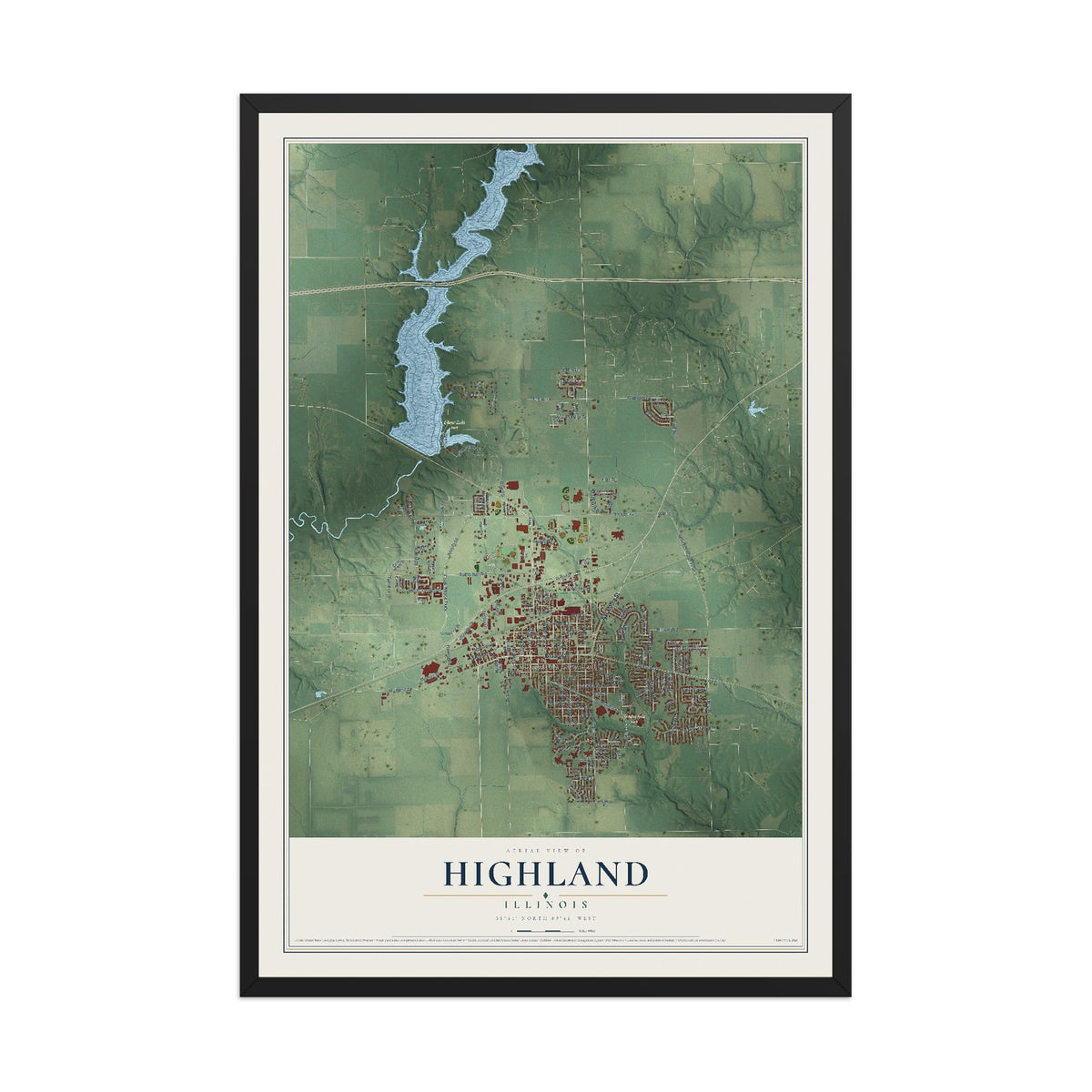 Map of Highland, Illinois, 12 x 18 inch print in a black wood frame
