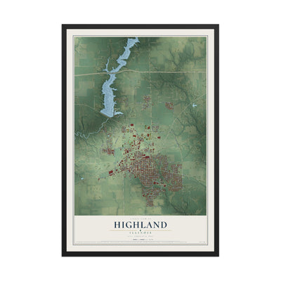 Map of Highland, Illinois, 12 x 18 inch print in a black wood frame