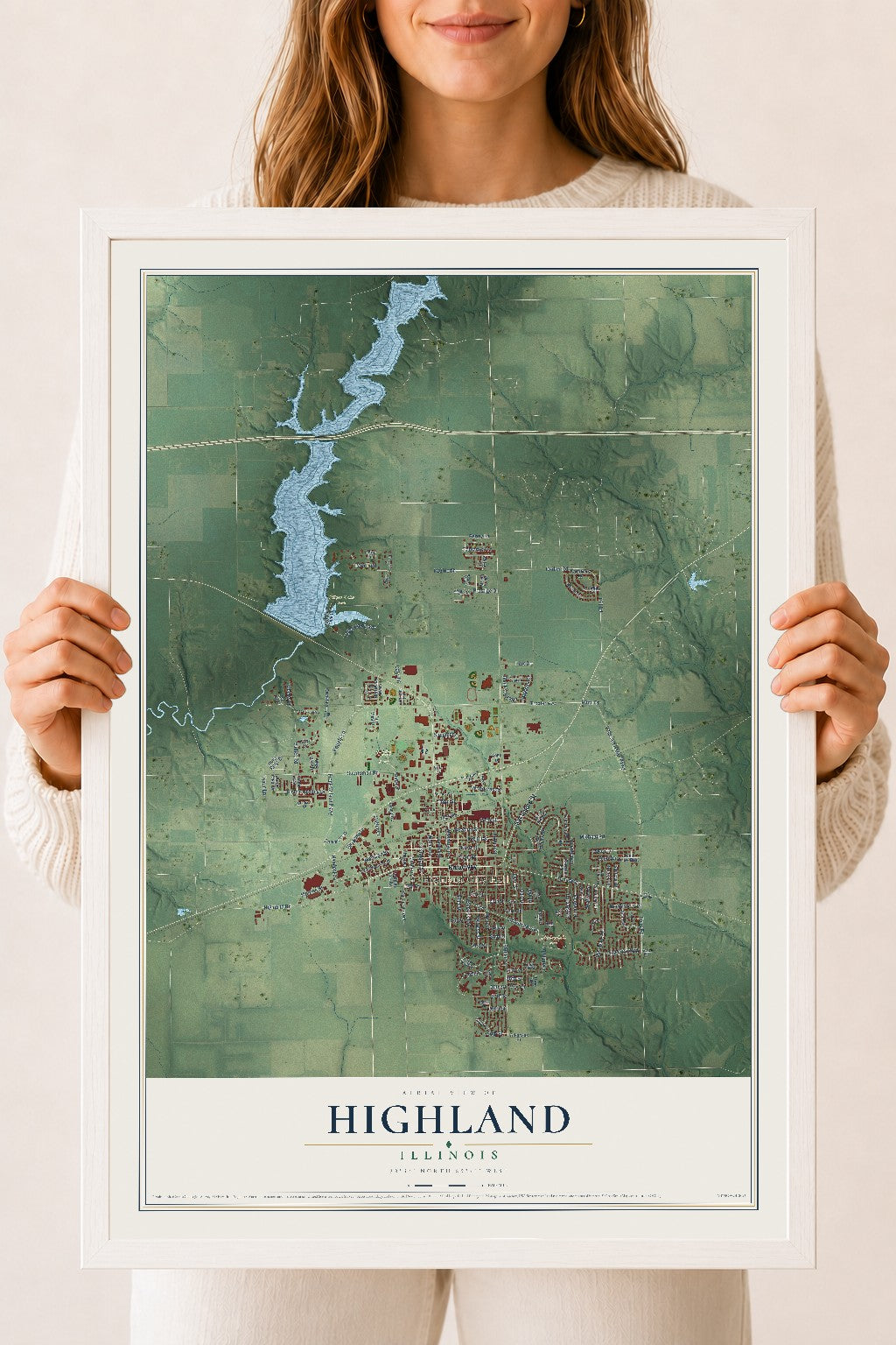 Map of Highland, Illinois, 18 x 24 inch print in a white wood frame