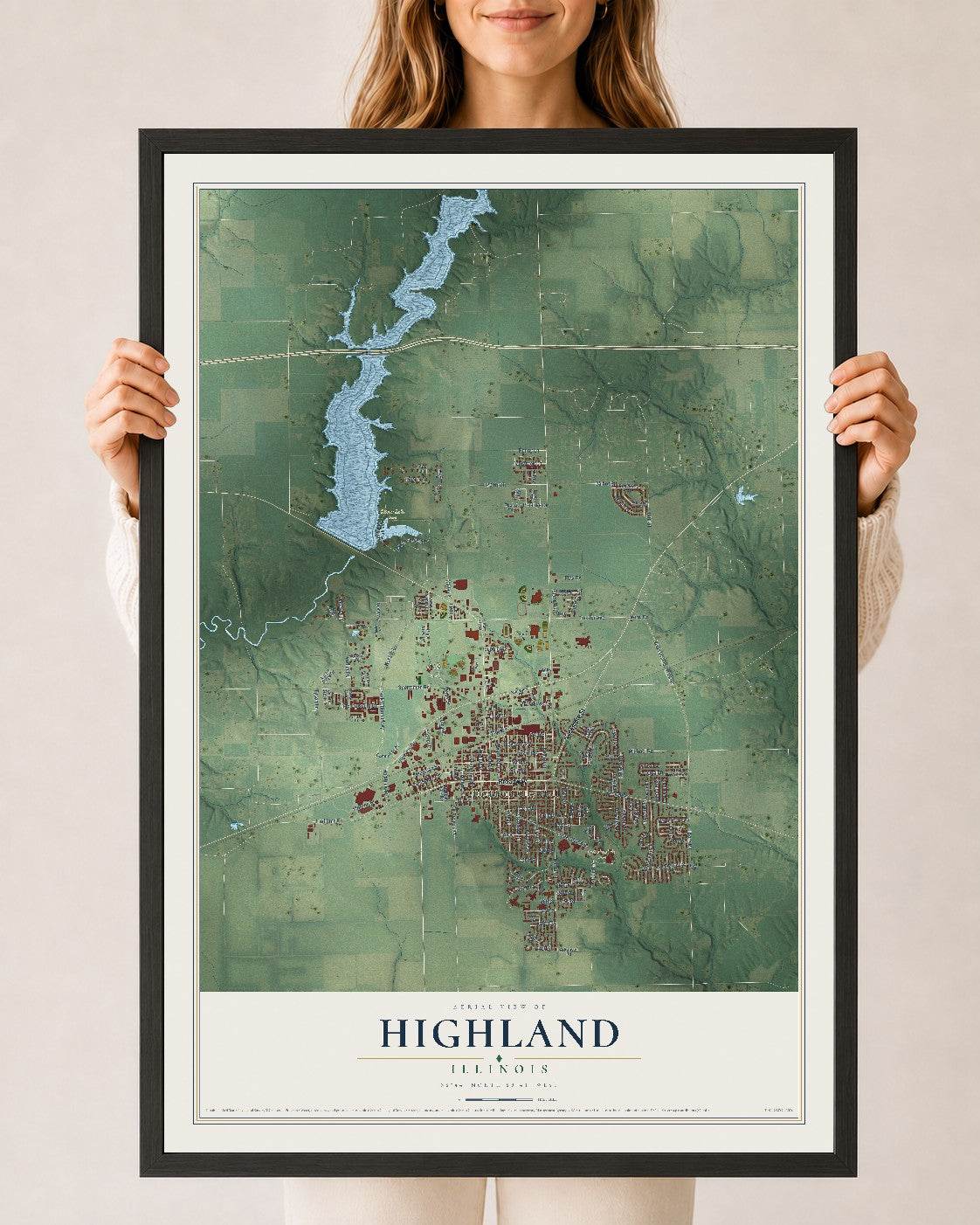 Map of Highland, Illinois, 24 x 36 inch print in a black wood frame