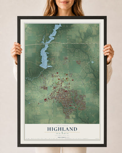 Map of Highland, Illinois, 24 x 36 inch print in a black wood frame