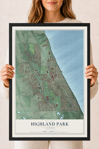 Map of Highland Park, Illinois, 18 x 24 inch print in a black wood frame