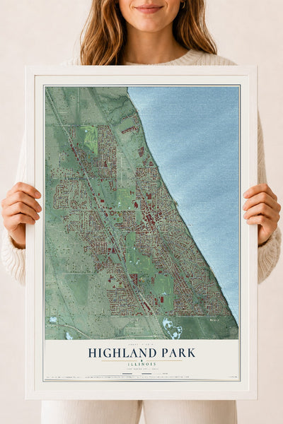 Map of Highland Park, Illinois, 18 x 24 inch print in a white wood frame