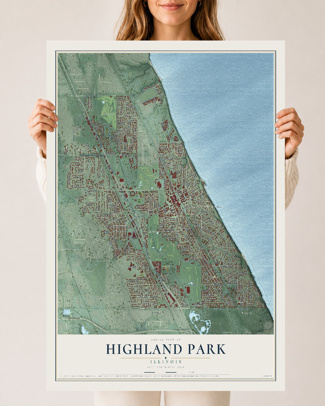 Map of Highland Park, Illinois, 24 x 36 inch unframed archival matte print