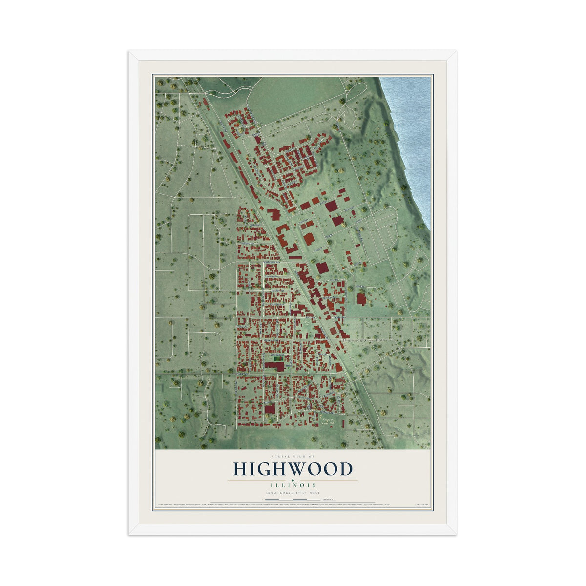 Map of Highwood, Illinois, 12 x 18 inch print in a white wood frame