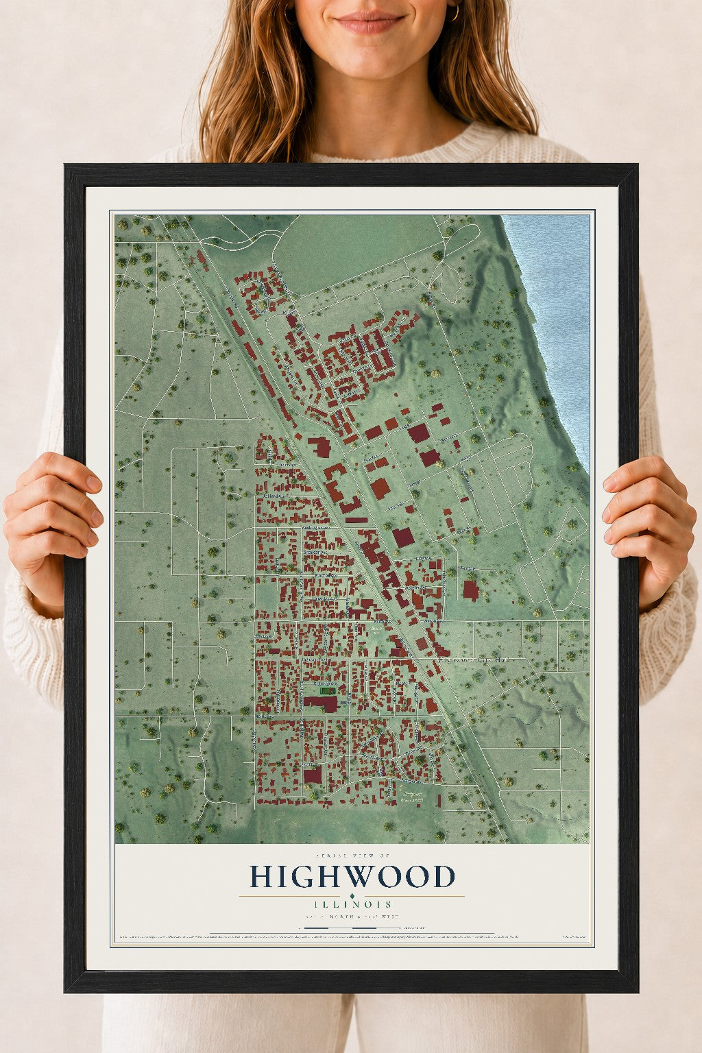 Map of Highwood, Illinois, 18 x 24 inch print in a black wood frame