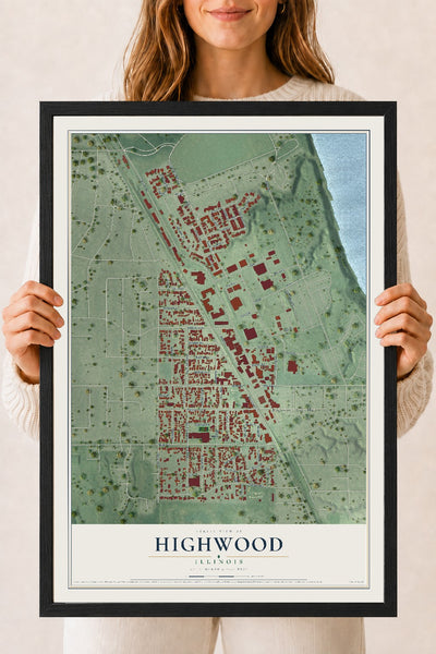 Map of Highwood, Illinois, 18 x 24 inch print in a black wood frame