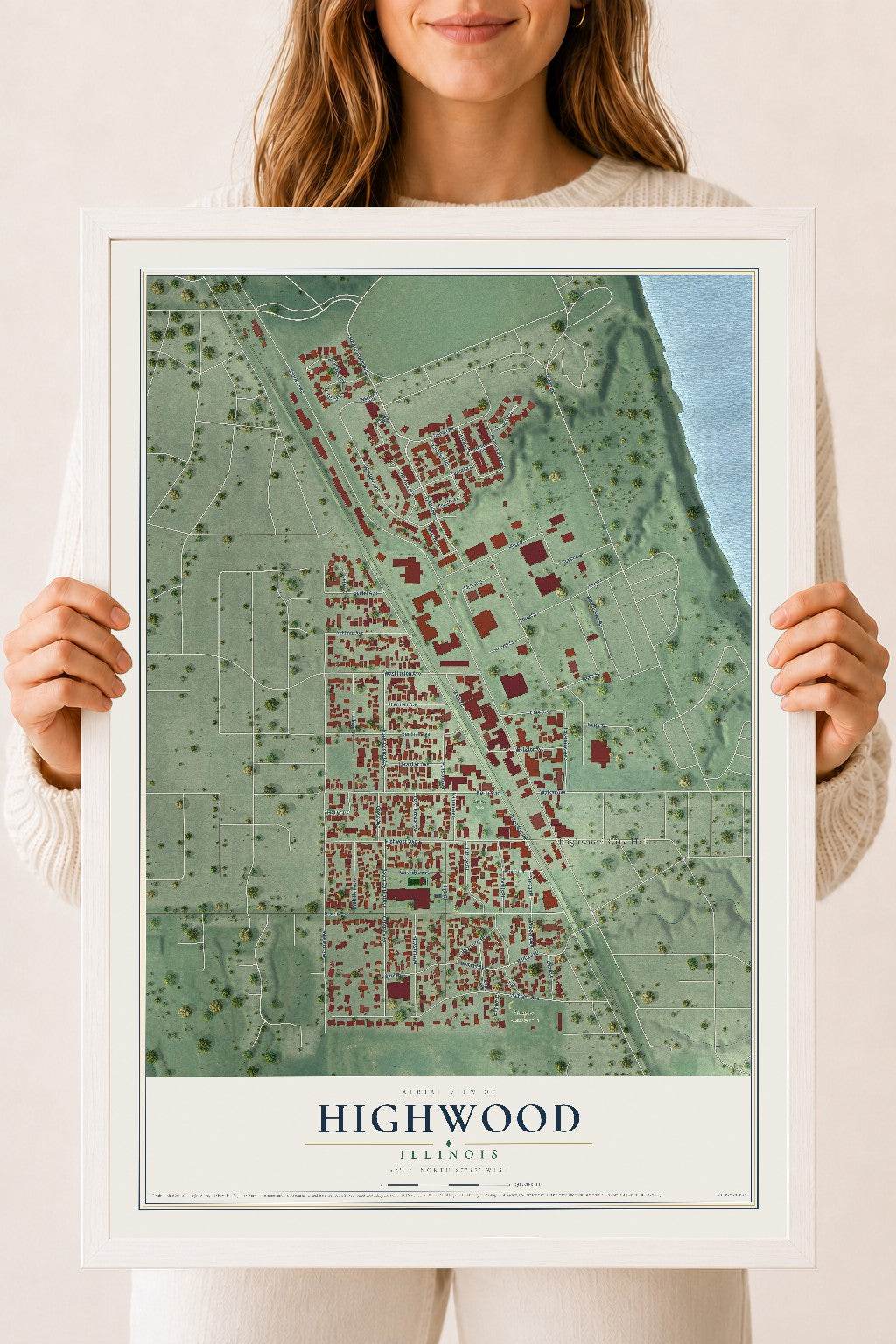 Map of Highwood, Illinois, 18 x 24 inch print in a white wood frame