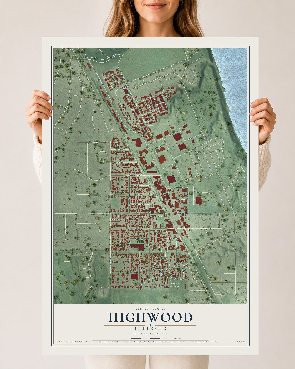 Map of Highwood, Illinois, 24 x 36 inch unframed archival matte print