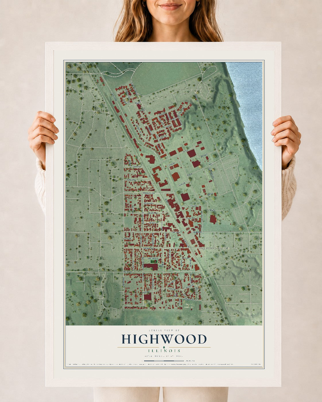 Map of Highwood, Illinois, 24 x 36 inch print in a white wood frame