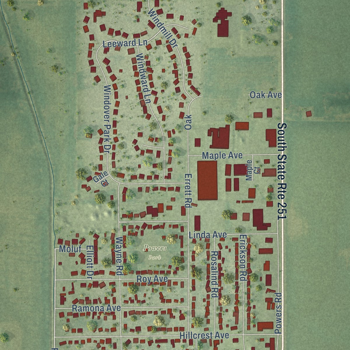 Close-up of the map of Hillcrest, Illinois print showing street and building detail