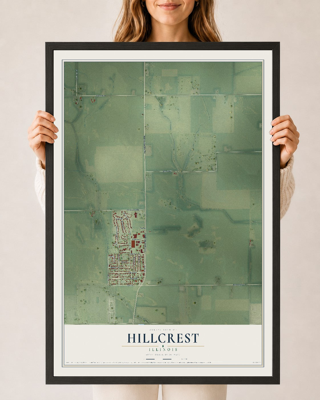 Map of Hillcrest, Illinois, 24 x 36 inch print in a black wood frame