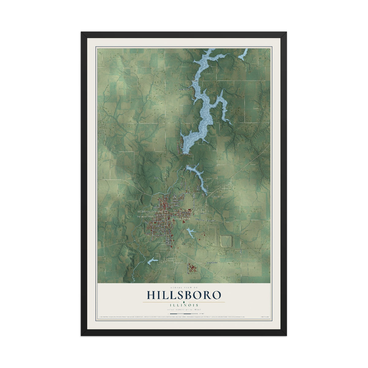 Map of Hillsboro, Illinois, 12 x 18 inch print in a black wood frame