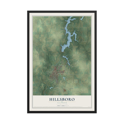 Map of Hillsboro, Illinois, 12 x 18 inch print in a black wood frame