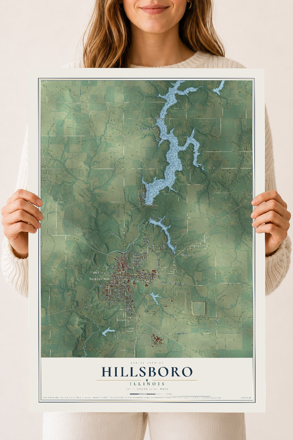 Map of Hillsboro, Illinois, 18 x 24 inch unframed archival matte print