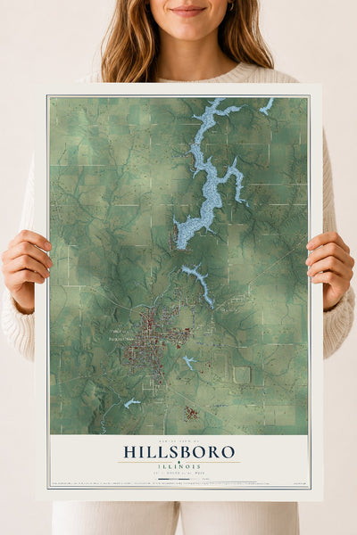 Map of Hillsboro, Illinois, 18 x 24 inch unframed archival matte print