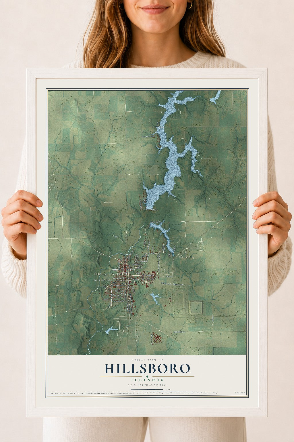 Map of Hillsboro, Illinois, 18 x 24 inch print in a white wood frame