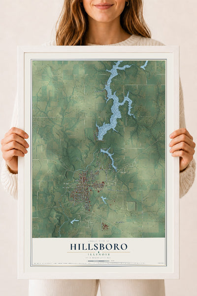 Map of Hillsboro, Illinois, 18 x 24 inch print in a white wood frame