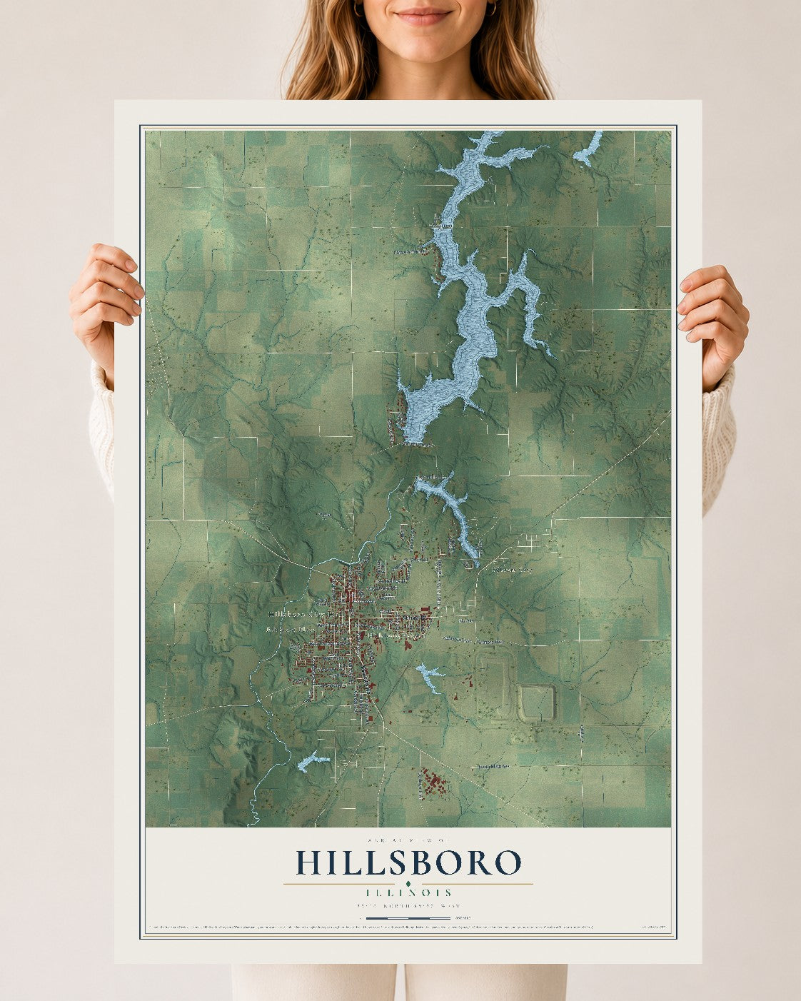 Map of Hillsboro, Illinois, 24 x 36 inch unframed archival matte print