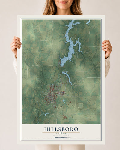 Map of Hillsboro, Illinois, 24 x 36 inch unframed archival matte print