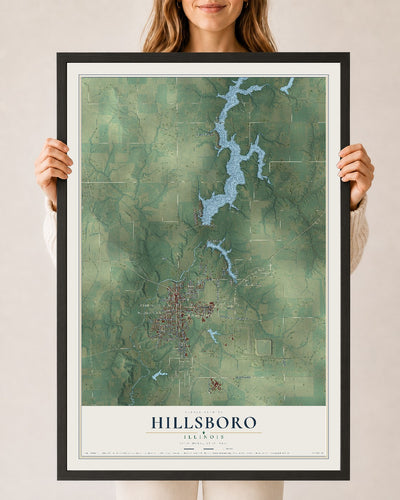 Map of Hillsboro, Illinois, 24 x 36 inch print in a black wood frame