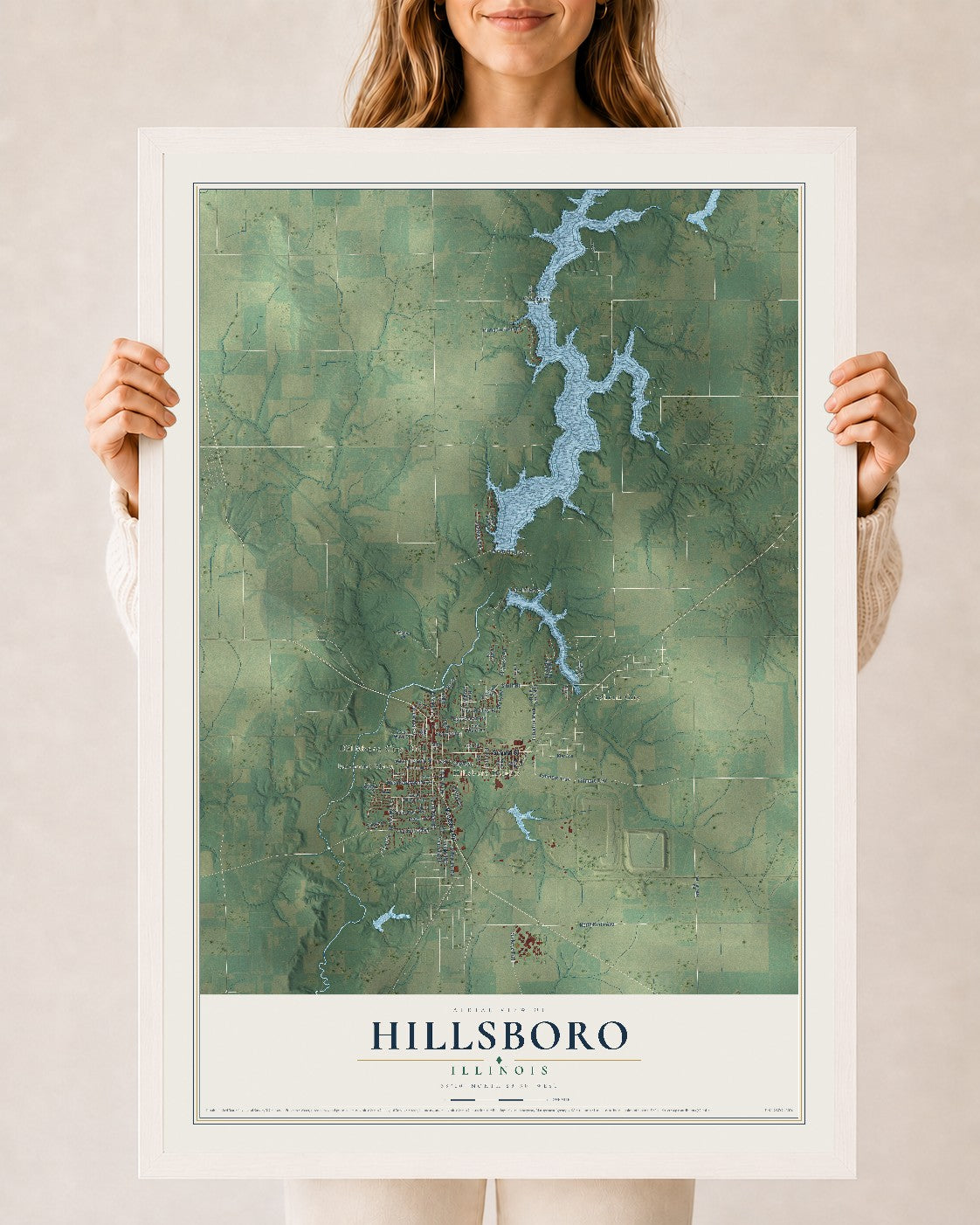 Map of Hillsboro, Illinois, 24 x 36 inch print in a white wood frame