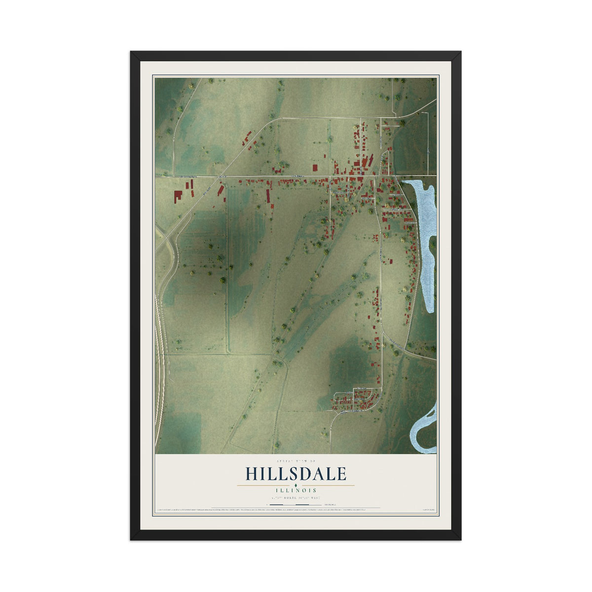 Map of Hillsdale, Illinois, 12 x 18 inch print in a black wood frame