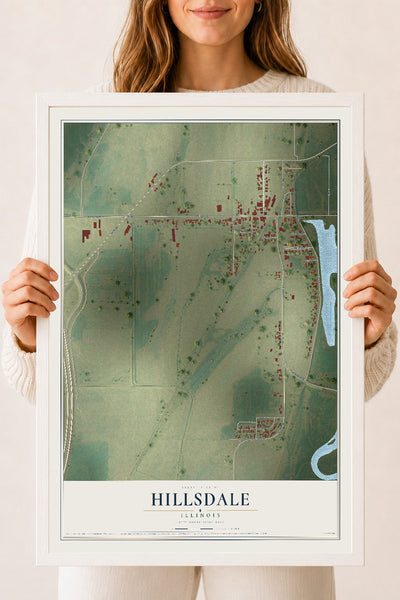 Map of Hillsdale, Illinois, 18 x 24 inch print in a white wood frame
