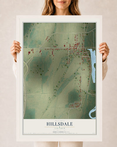 Map of Hillsdale, Illinois, 24 x 36 inch print in a white wood frame