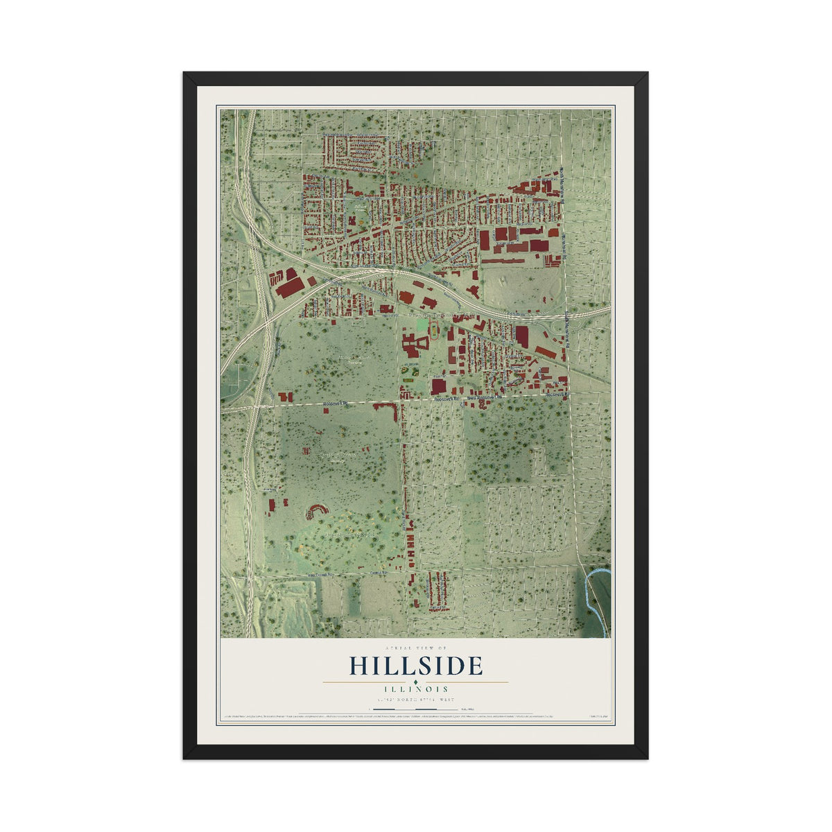 Map of Hillside, Illinois, 12 x 18 inch print in a black wood frame