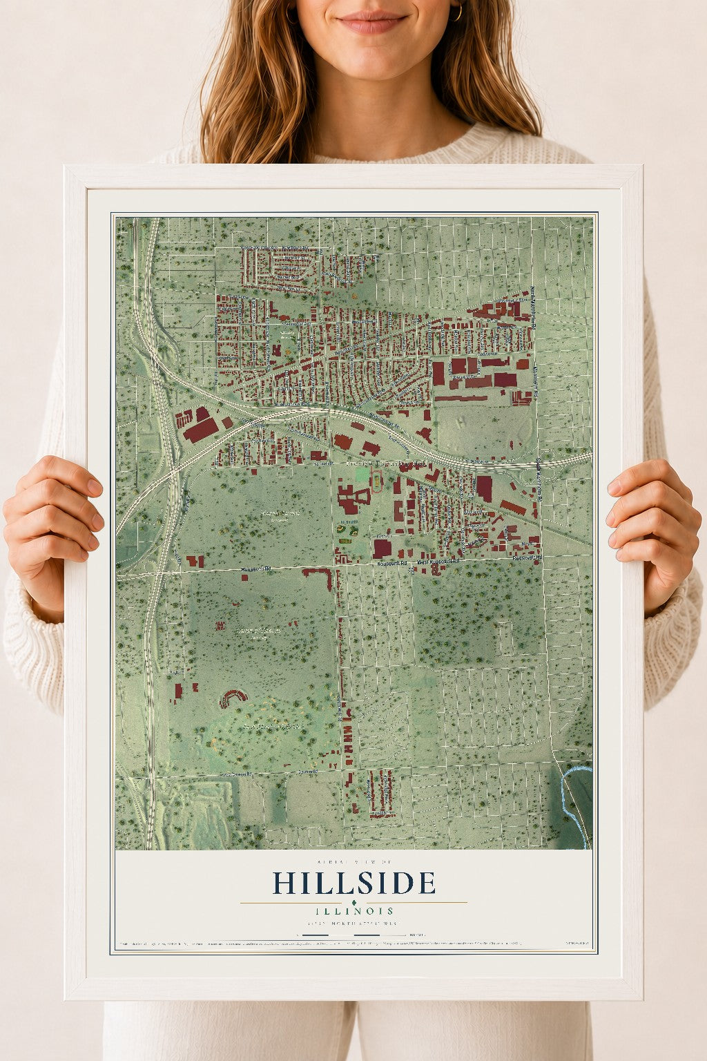 Map of Hillside, Illinois, 18 x 24 inch print in a white wood frame