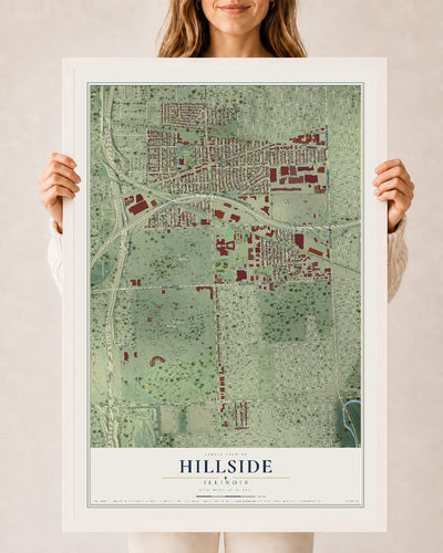 Map of Hillside, Illinois, 24 x 36 inch print in a white wood frame
