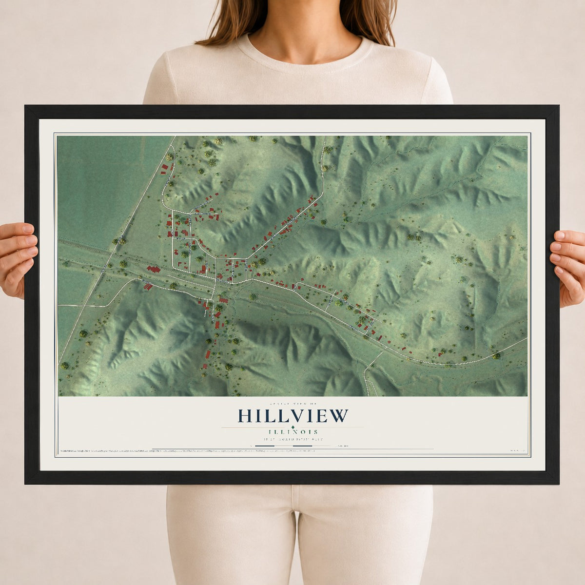 Map of Hillview, Illinois, 18 x 24 inch print in a black wood frame