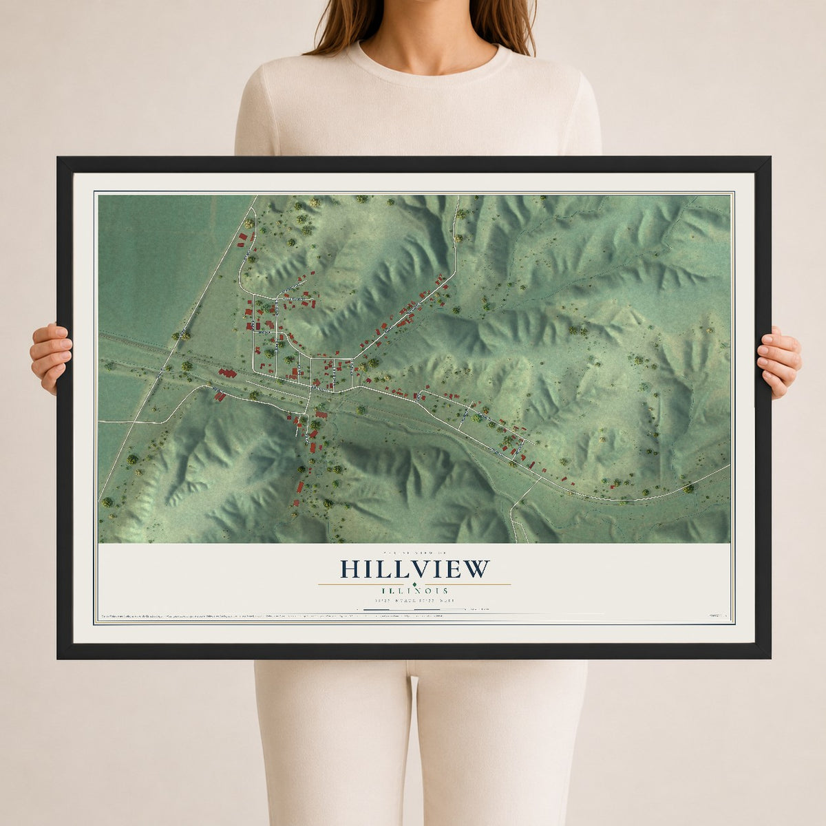 Map of Hillview, Illinois, 24 x 36 inch print in a black wood frame
