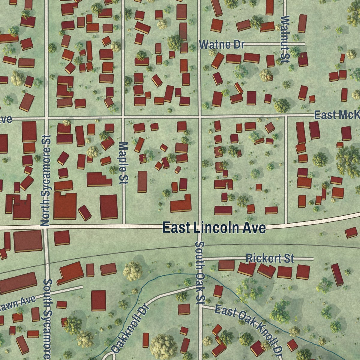 Close-up of the map of Hinckley, Illinois print showing street and building detail