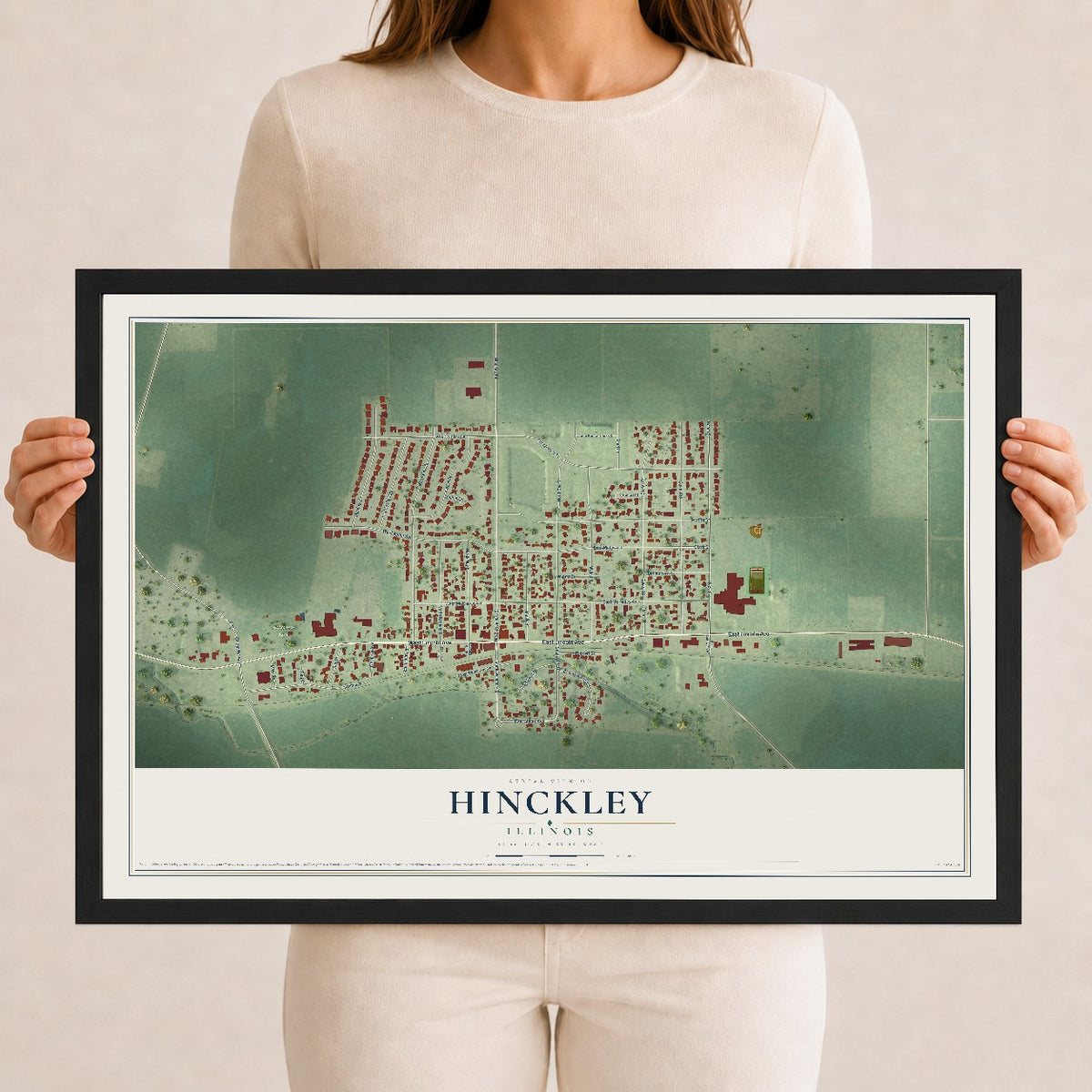Map of Hinckley, Illinois, 12 x 18 inch print in a black wood frame