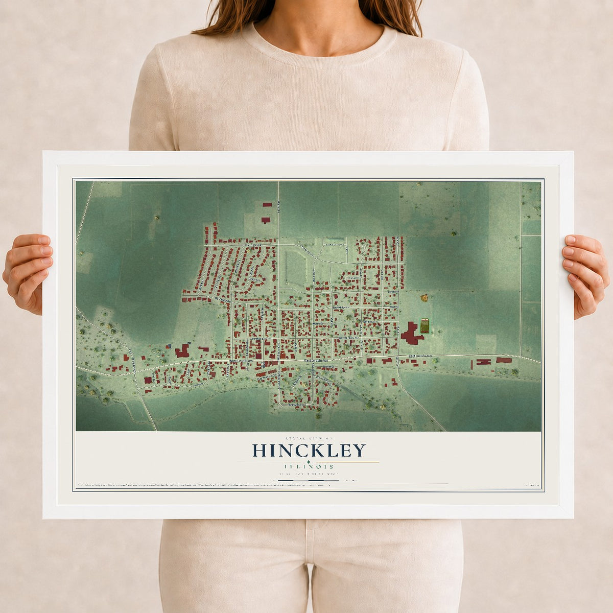 Map of Hinckley, Illinois, 12 x 18 inch print in a white wood frame