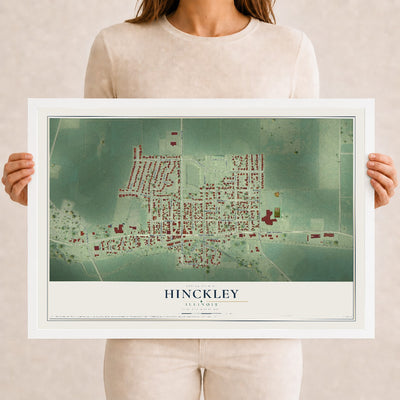 Map of Hinckley, Illinois, 12 x 18 inch print in a white wood frame