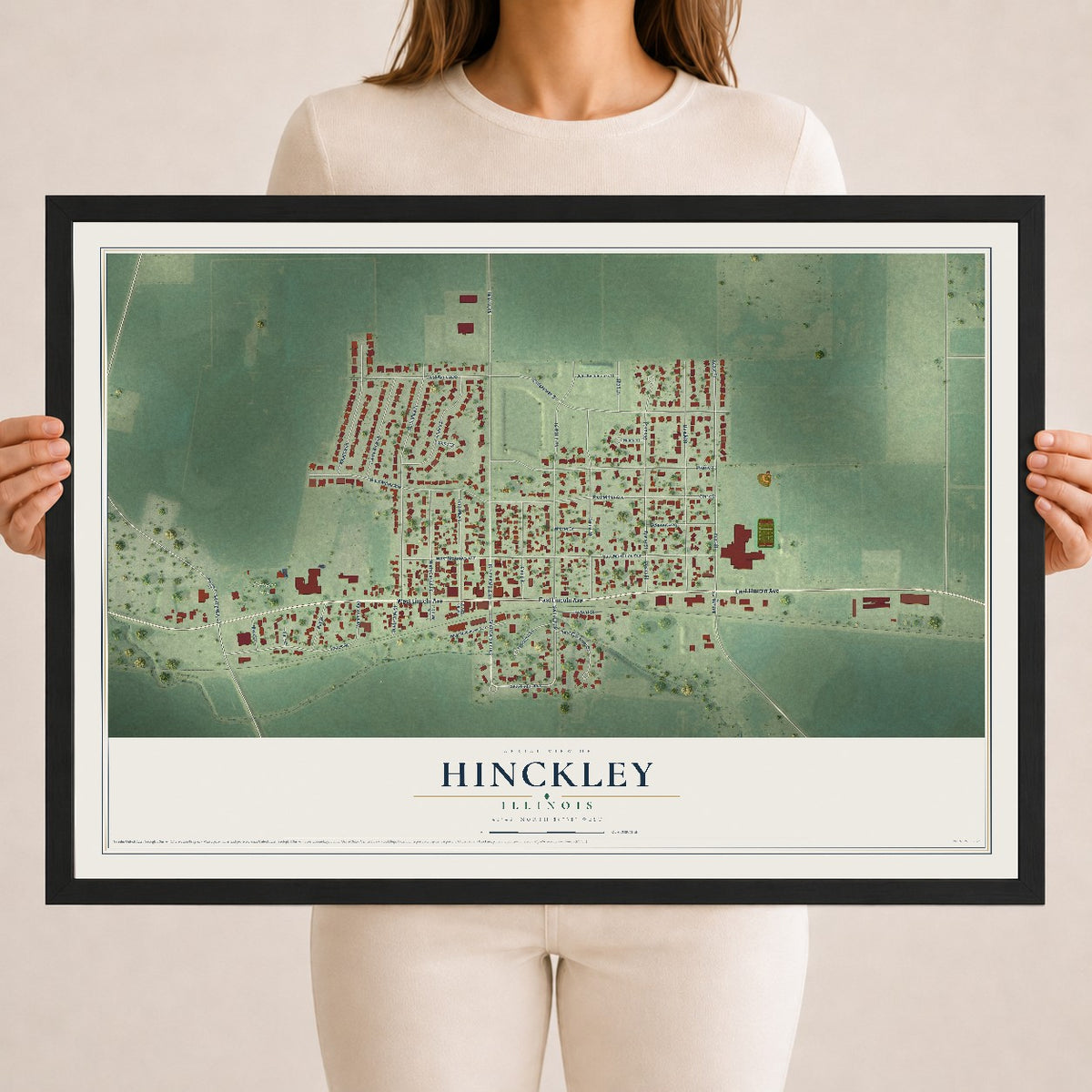 Map of Hinckley, Illinois, 18 x 24 inch print in a black wood frame