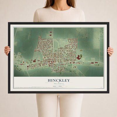 Map of Hinckley, Illinois, 24 x 36 inch print in a black wood frame