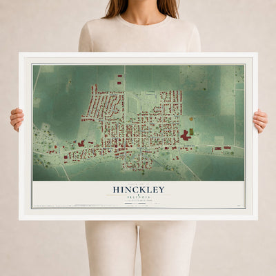 Map of Hinckley, Illinois, 24 x 36 inch print in a white wood frame