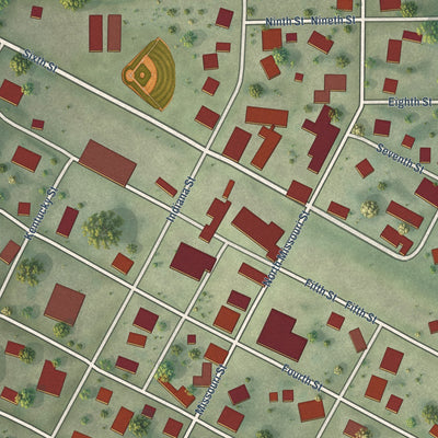 Close-up of the map of Hindsboro, Illinois print showing street and building detail