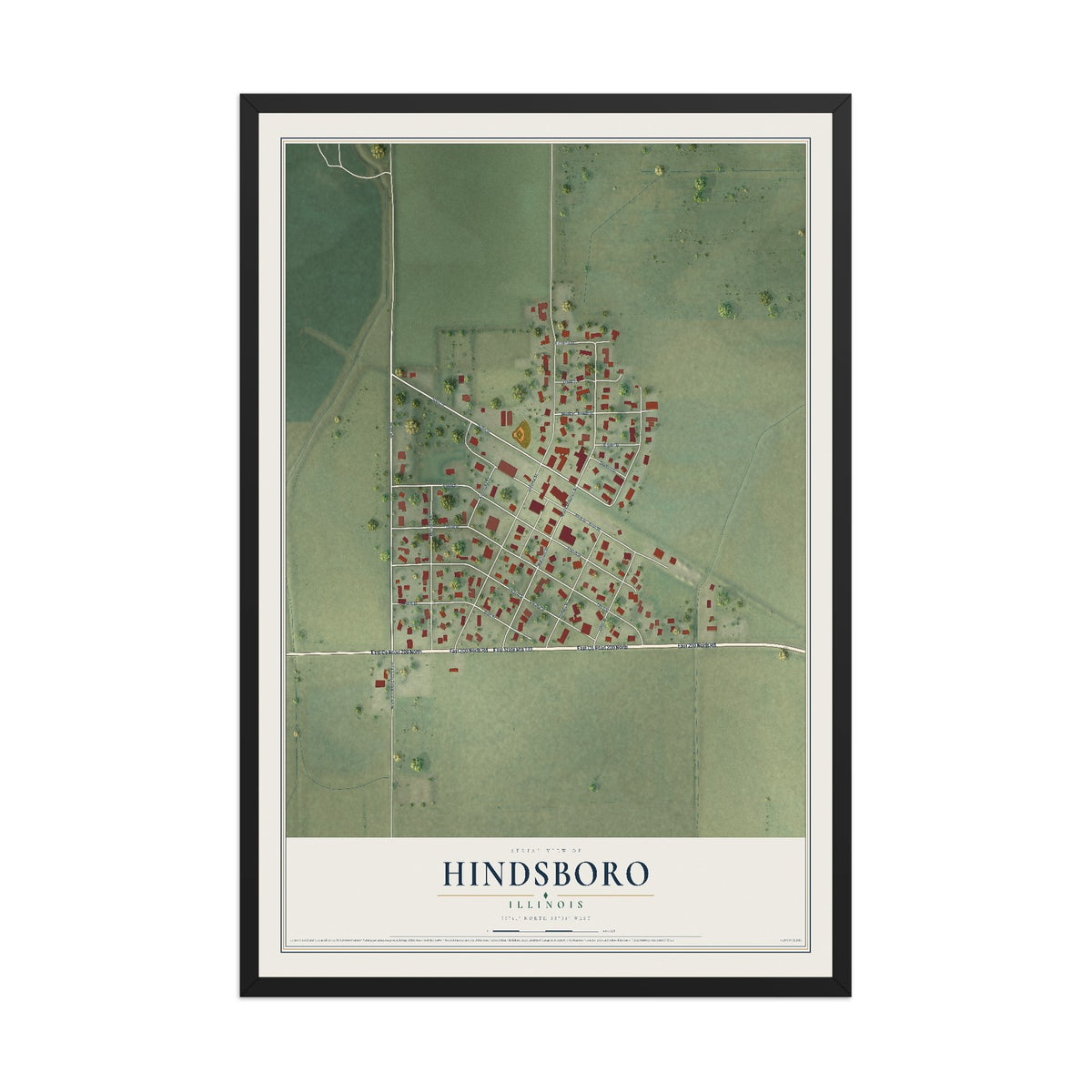 Map of Hindsboro, Illinois, 12 x 18 inch print in a black wood frame