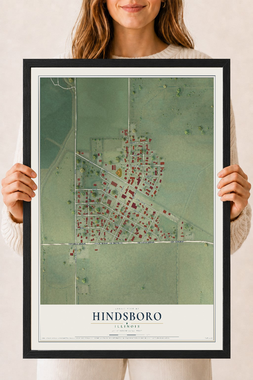 Map of Hindsboro, Illinois, 18 x 24 inch print in a black wood frame