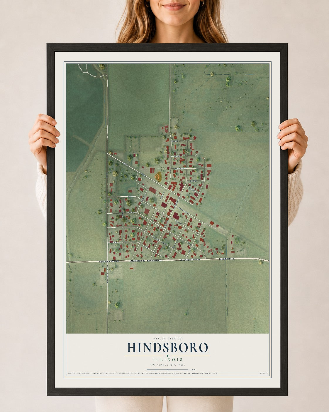 Map of Hindsboro, Illinois, 24 x 36 inch print in a black wood frame