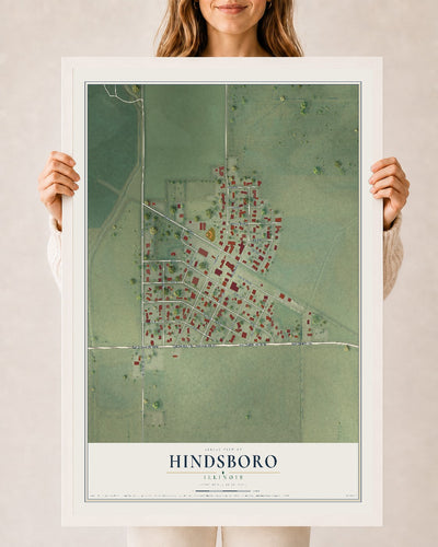 Map of Hindsboro, Illinois, 24 x 36 inch print in a white wood frame