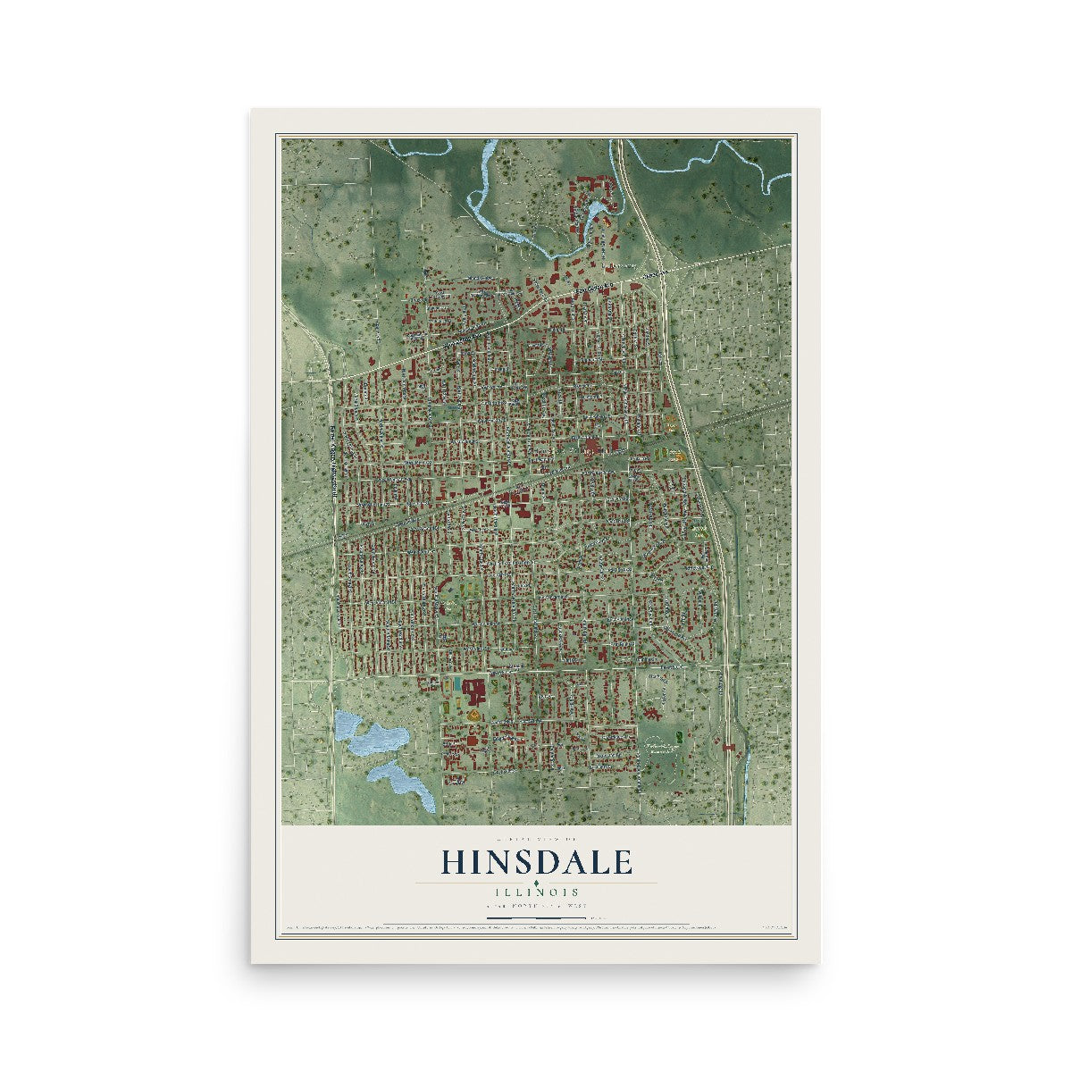 Map of Hinsdale, Illinois, 12 x 18 inch unframed archival matte print